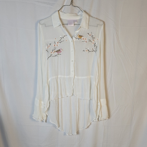 LC Lauren Conrad Tops - LC Lauren Conrad White Long Sleeve Embroidered Birds Hi-Low Blouse